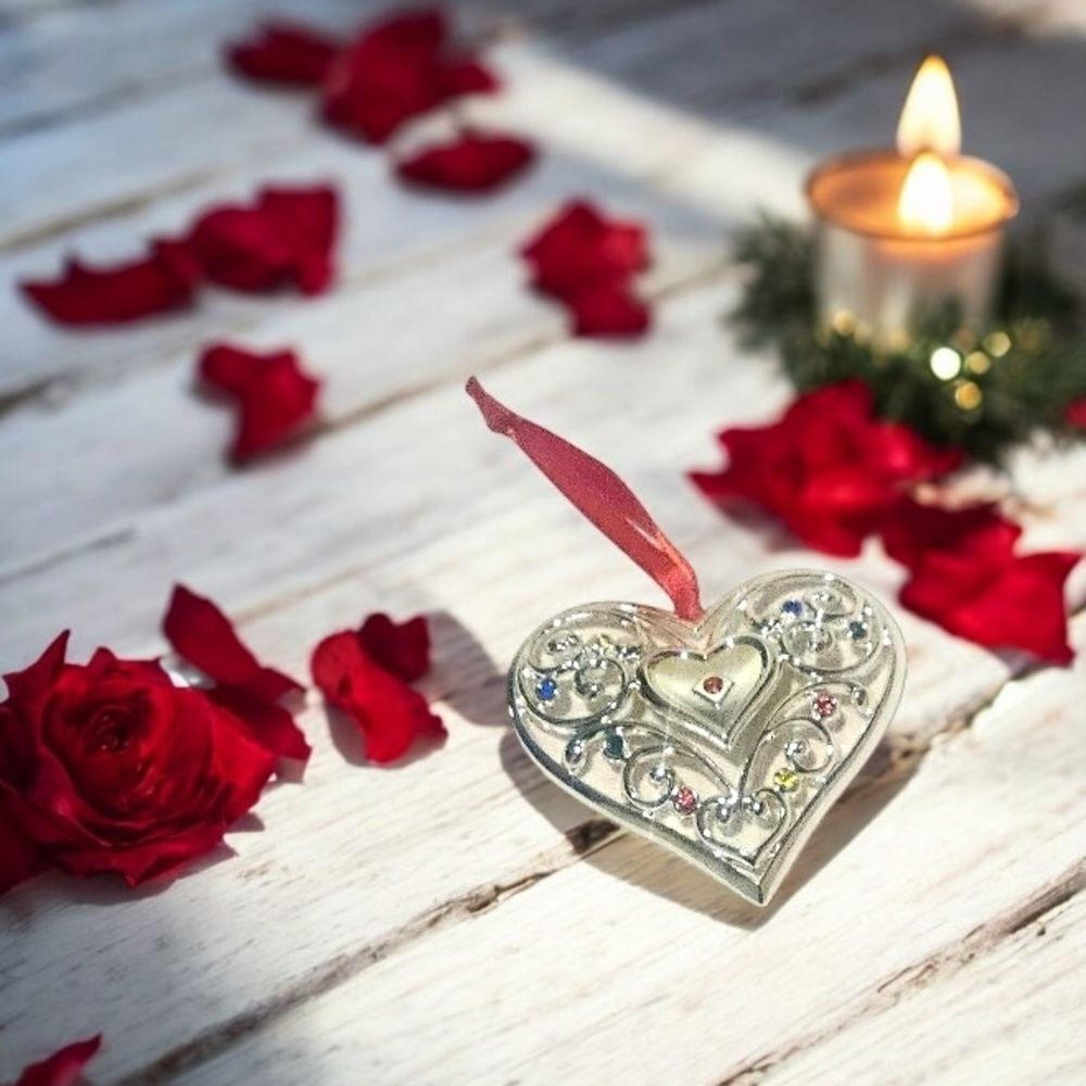 Lenox Sparkle And Scroll Multi-Crystal Heart Ornament Silverplate